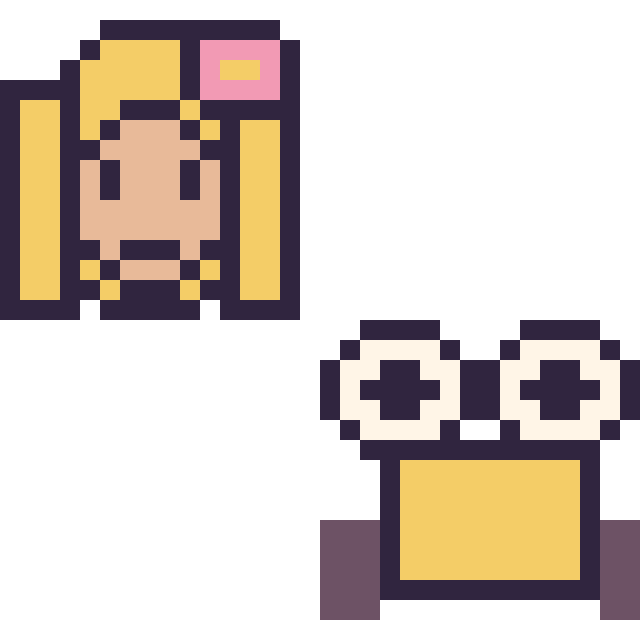 Modèle de pixel art Raiponce mini et Wall-E mini sur une grille de 32 par 32 cases