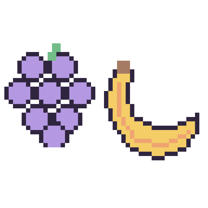 Modèle de pixel art Raisin et Banane sur une grille de 48 par 48 cases