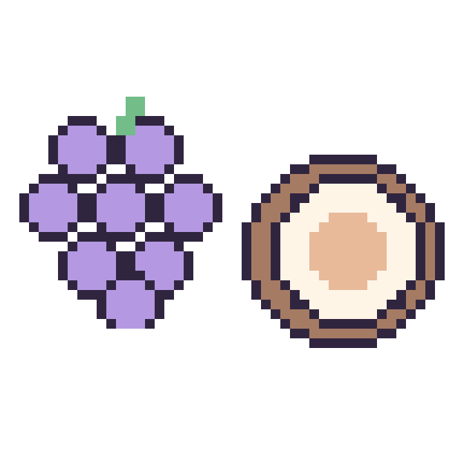 Modèle de pixel art Raisin et Noix de coco sur une grille de 48 par 48 cases