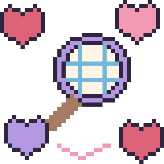 Modèle de pixel art Raquette avec des cœurs sur une grille de 40 par 40 cases