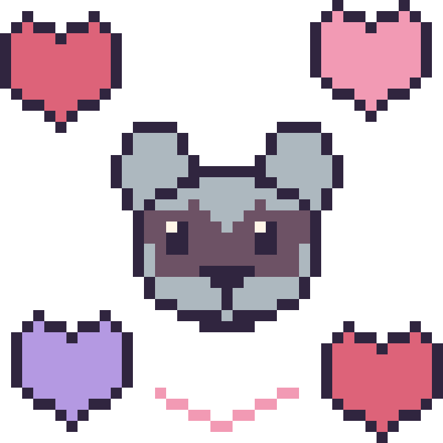 Modèle de pixel art Raton laveur avec des cœurs sur une grille de 40 par 40 cases