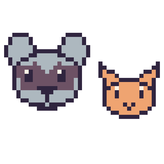 Modèle de pixel art Raton laveur et Chat en portrait sur une grille de 40 par 40 cases
