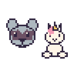 Pixel art Raton laveur et Licorne assis, grille 48 × 48
