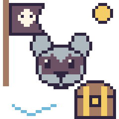 Pixel art Raton laveur en aventure pirate, grille 40 × 40