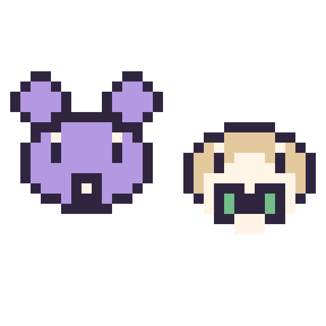 Modèle de pixel art Rattata mini et Brindibou mini sur une grille de 32 par 32 cases