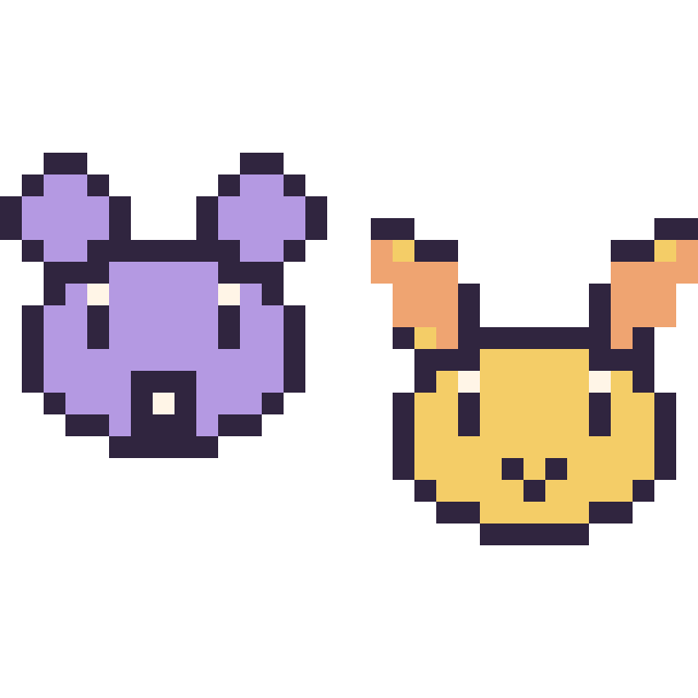 Modèle de pixel art Rattata mini et Feunnec mini sur une grille de 32 par 32 cases