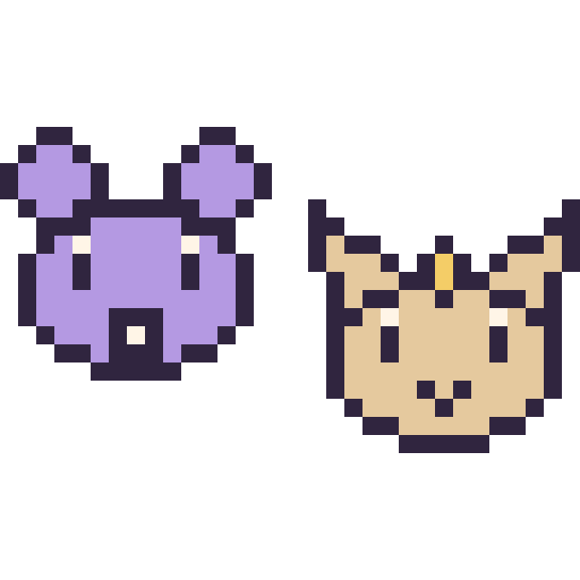Modèle de pixel art Rattata mini et Miaouss mini sur une grille de 32 par 32 cases