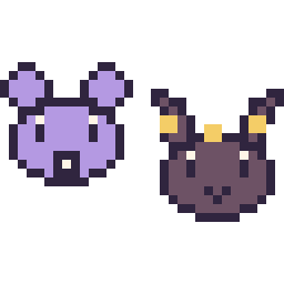 Pixel art Rattata mini et Noctali mini, grille 32 × 32