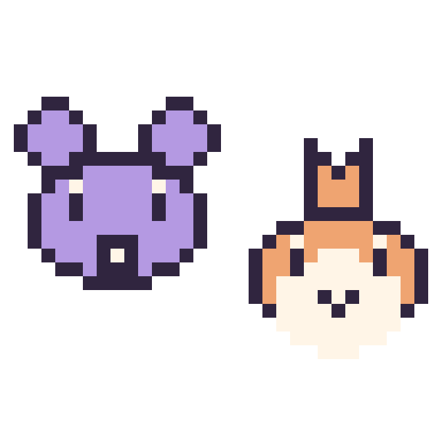 Modèle de pixel art Rattata mini et Poussifeu mini sur une grille de 32 par 32 cases