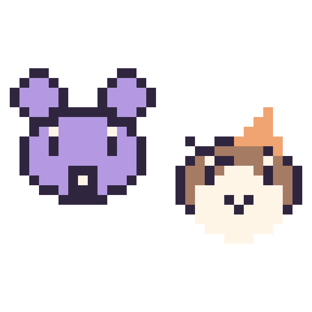 Modèle de pixel art Rattata mini et Roucool mini sur une grille de 32 par 32 cases