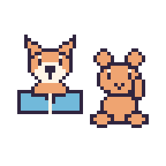 Pixel art Renard avec un livre et Écureuil assis, grille 48 × 48