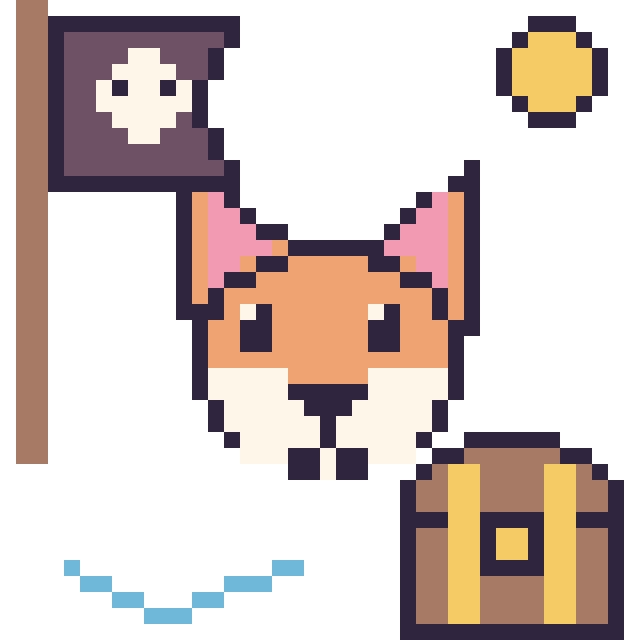 Modèle de pixel art Renard en aventure pirate sur une grille de 40 par 40 cases