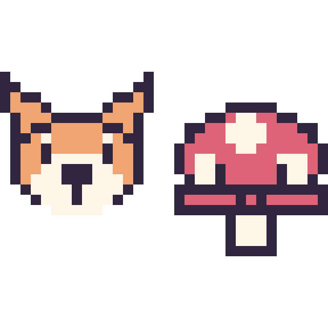Modèle de pixel art Renard en portrait et Champignon kawaii 16 × 16 sur une grille de 32 par 32 cases