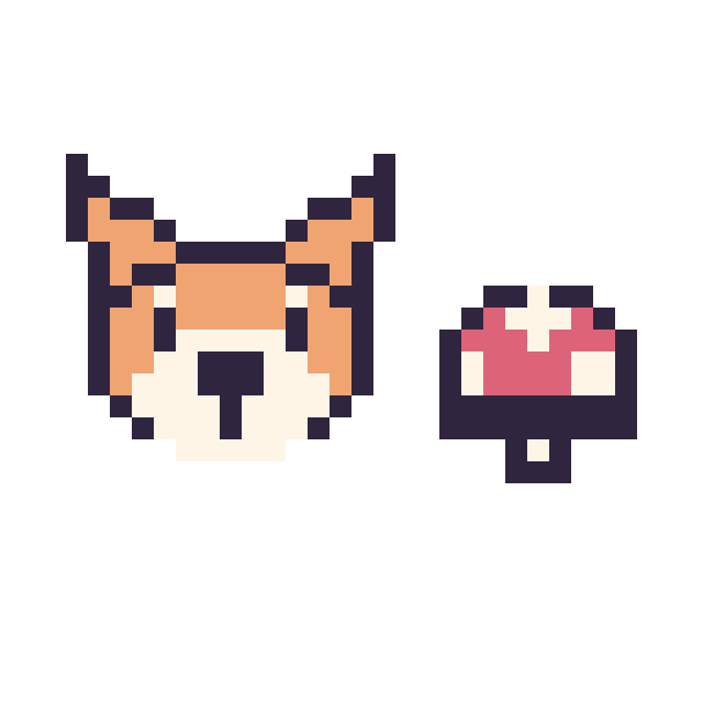 Modèle de pixel art Renard en portrait et Champignon simple 10 × 10 sur une grille de 32 par 32 cases