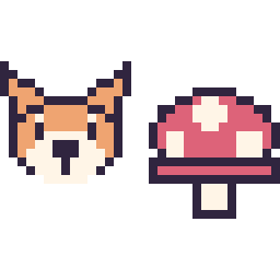 Pixel art Renard en portrait et Champignon simple 16 × 16, grille 32 × 32