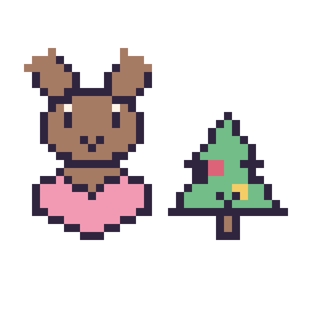 Modèle de pixel art Renne avec un cœur et Sapin de Noël kawaii 16 × 16 sur une grille de 40 par 40 cases