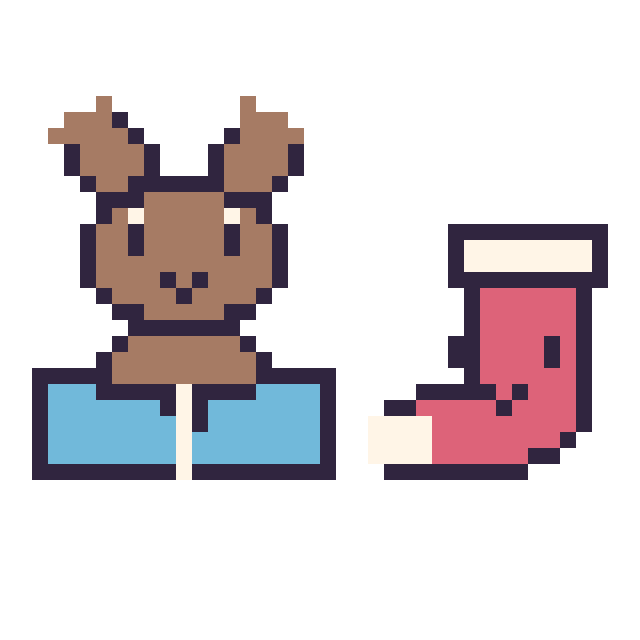 Modèle de pixel art Renne avec un livre et Chaussette de Noël kawaii 16 × 16 sur une grille de 40 par 40 cases