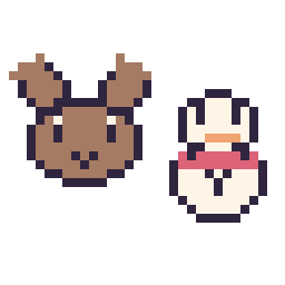Pixel art Renne en portrait et Bonhomme de neige kawaii 16 × 16, grille 32 × 32