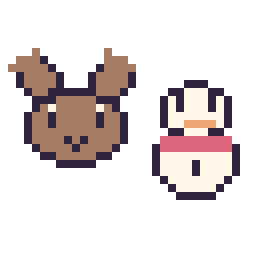 Pixel art Renne en portrait et Bonhomme de neige simple 16 × 16, grille 32 × 32