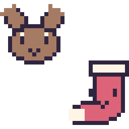 Pixel art Renne en portrait et Chaussette de Noël kawaii 16 × 16, grille 32 × 32