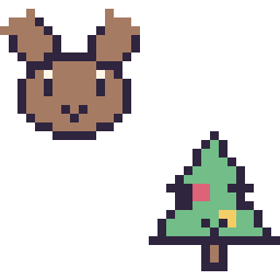 Pixel art Renne en portrait et Sapin de Noël kawaii 16 × 16, grille 32 × 32