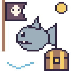 Pixel art Requin en aventure pirate, grille 40 × 40