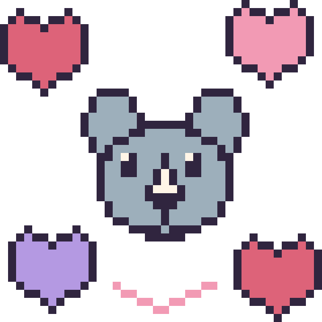 Modèle de pixel art Rhinocéros avec des cœurs sur une grille de 40 par 40 cases