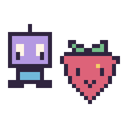 Pixel art Robot kawaii 16 × 16 et Fraise kawaii 16 × 16, grille 32 × 32