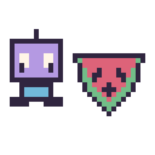 Modèle de pixel art Robot kawaii 16 × 16 et Pastèque kawaii 16 × 16 sur une grille de 32 par 32 cases