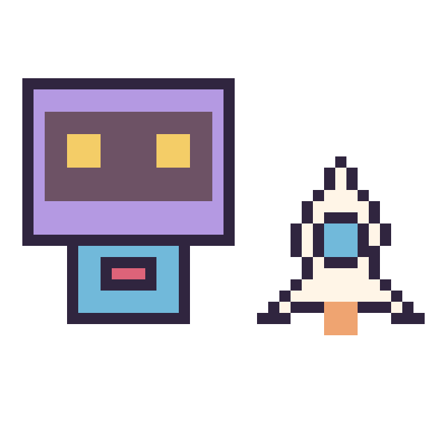 Modèle de pixel art Robot rétro et Fusée simple 16 × 16 sur une grille de 40 par 40 cases