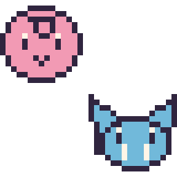 Pixel art Rondoudou mini et Nosferapti mini, grille 32 × 32