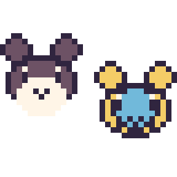 Pixel art Ronflex mini et Wattouat mini, grille 32 × 32