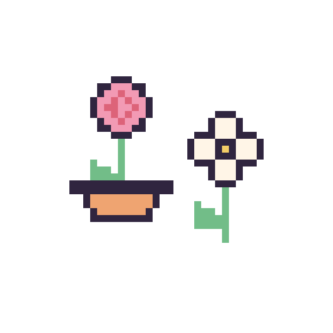 Modèle de pixel art Rose en pot et Marguerite tige fleurie sur une grille de 48 par 48 cases