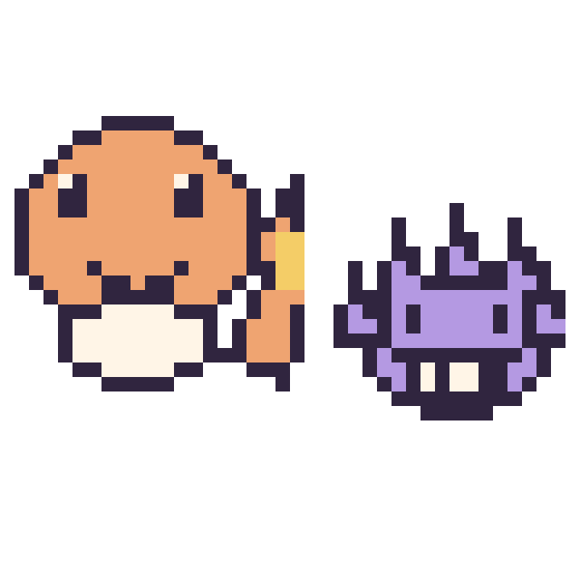 Modèle de pixel art Salamèche et Ectoplasma mini sur une grille de 40 par 40 cases