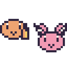 Pixel art Salamèche mini et Écrémeuh mini, grille 32 × 32
