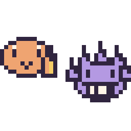 Pixel art Salamèche mini et Ectoplasma mini, grille 32 × 32