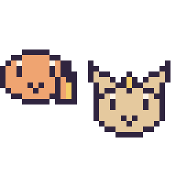 Pixel art Salamèche mini et Miaouss mini, grille 32 × 32
