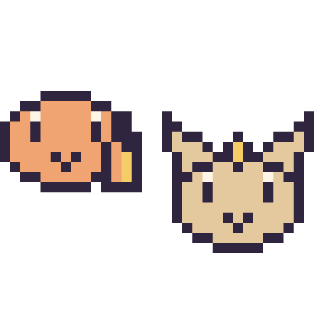 Modèle de pixel art Salamèche mini et Miaouss mini sur une grille de 32 par 32 cases
