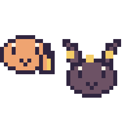 Pixel art Salamèche mini et Noctali mini, grille 32 × 32