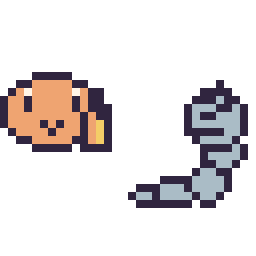 Pixel art Salamèche mini et Onix mini, grille 32 × 32