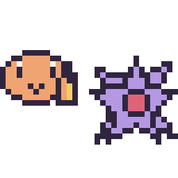 Pixel art Salamèche mini et Staross mini, grille 32 × 32