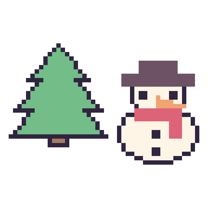 Modèle de pixel art Sapin et Bonhomme de neige sur une grille de 48 par 48 cases