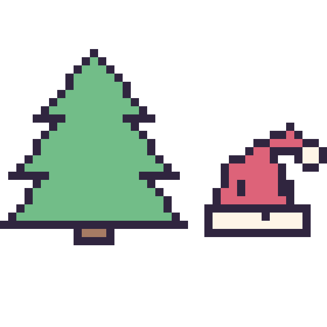 Modèle de pixel art Sapin et Bonnet de Noël kawaii 16 × 16 sur une grille de 40 par 40 cases