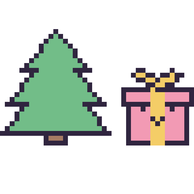 Modèle de pixel art Sapin et Cadeau kawaii 16 × 16 sur une grille de 40 par 40 cases