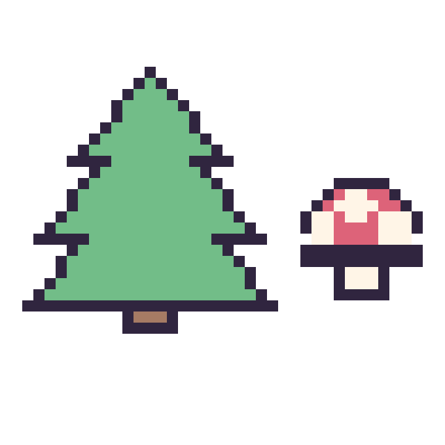 Modèle de pixel art Sapin et Champignon simple 12 × 12 sur une grille de 40 par 40 cases