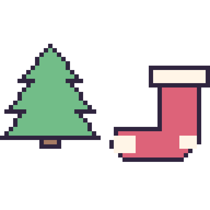 Modèle de pixel art Sapin et Chaussette de Noël sur une grille de 48 par 48 cases