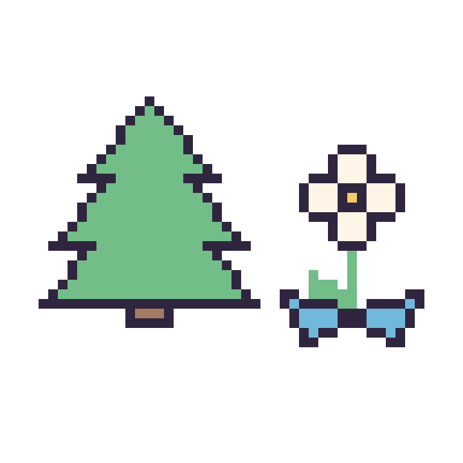 Modèle de pixel art Sapin et Marguerite avec un nœud sur une grille de 48 par 48 cases
