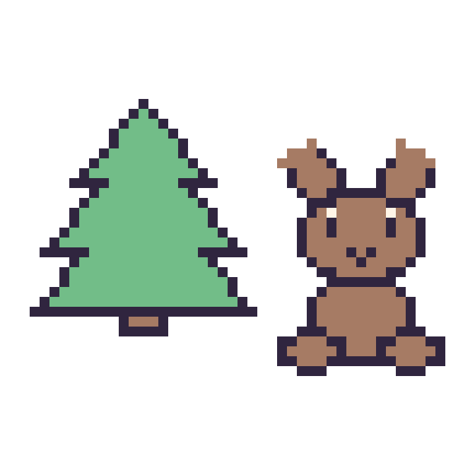Modèle de pixel art Sapin et Renne assis sur une grille de 48 par 48 cases