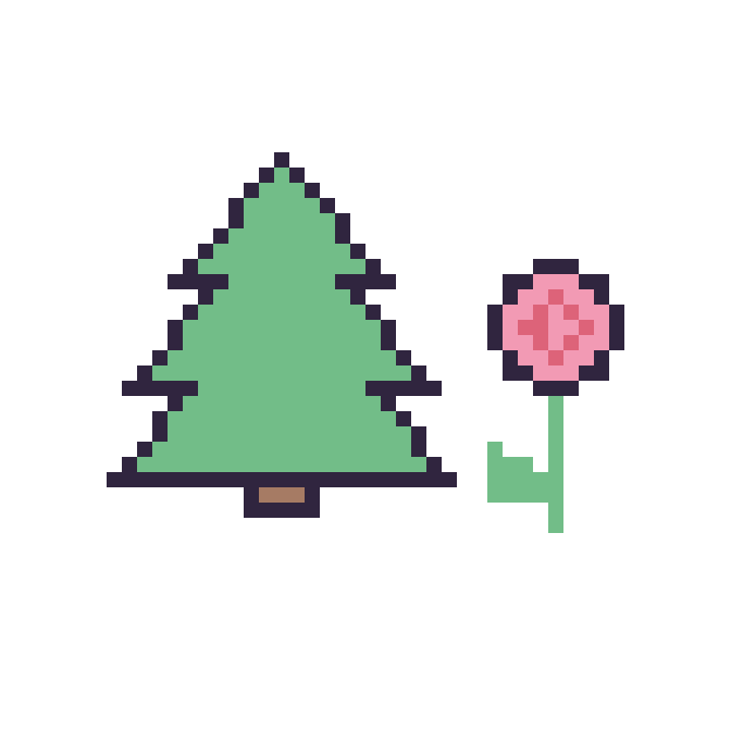Modèle de pixel art Sapin et Rose tige fleurie sur une grille de 48 par 48 cases