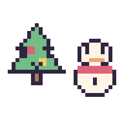 Pixel art Sapin de Noël kawaii 16 × 16 et Bonhomme de neige simple 16 × 16, grille 32 × 32